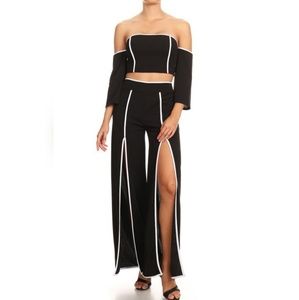 Black/White Bell Sleeve Crop Top + Pant Set